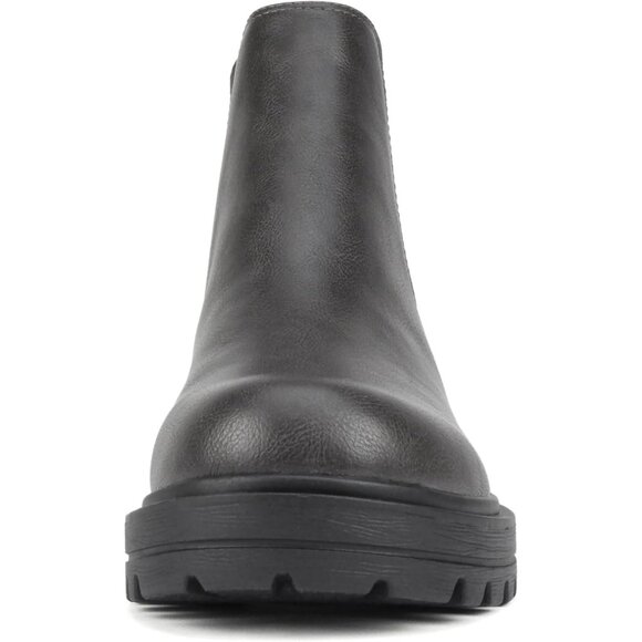 Women Grey Pu Lug Sole Low Chunky Heel Chelsea Double Elastic Ankle Booties - Picture 4 of 6